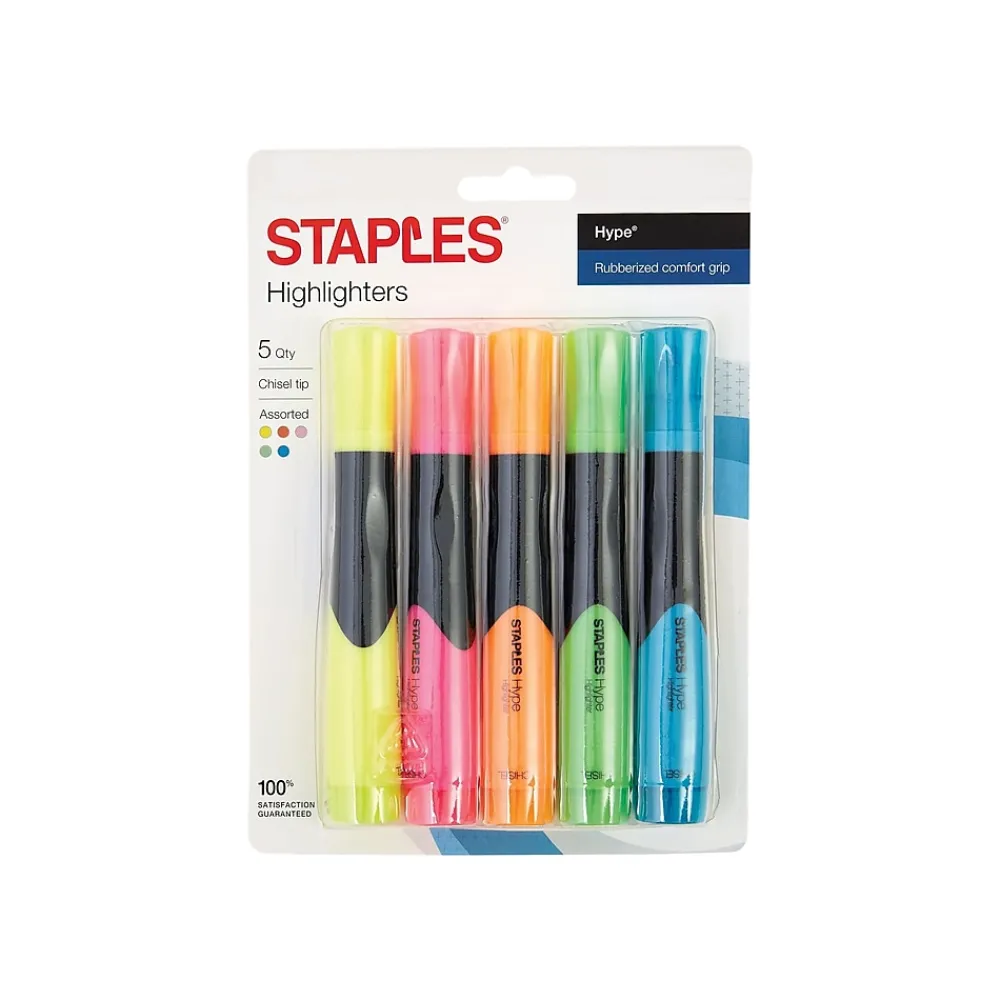 Highlighters|Staples Hype Tank Highlighters with Grip, Chisel Tip, Assorted, 5/Pack (29228)