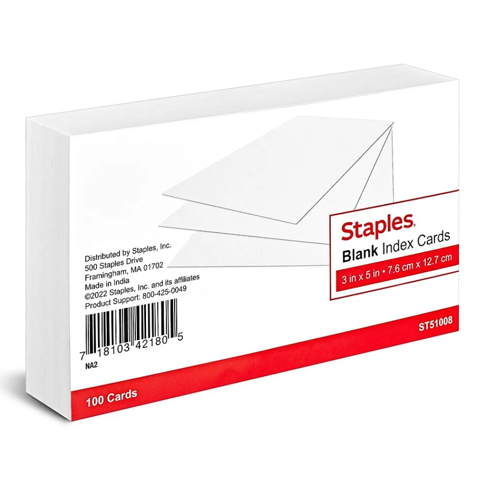 Index Cards*Staples ® Index Cards, 3" x 5", White, 100 Cards/Pack (ST51008-CC)