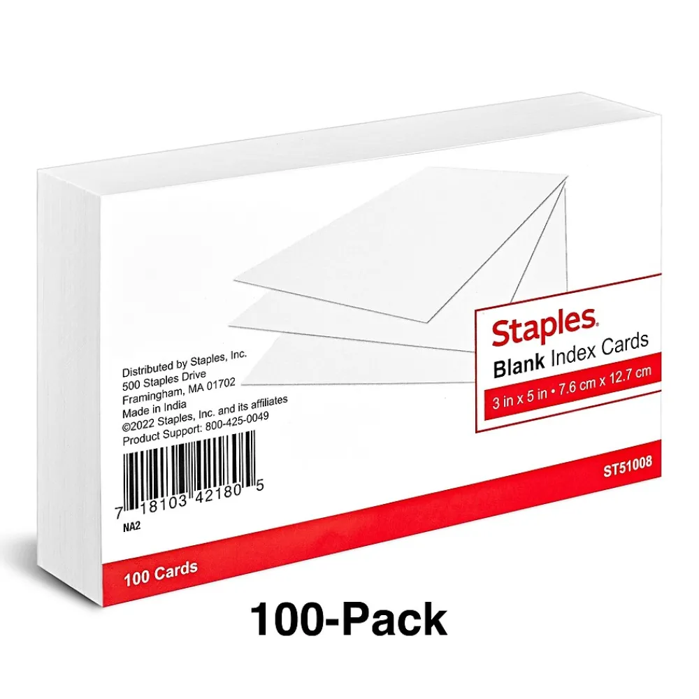 Index Cards*Staples ® Index Cards, 3" x 5", White, 100 Cards/Pack (ST51008-CC)