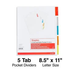 Dividers|Staples Insertable Paper Dividers, 5-Tab, Assorted Colors (13496/11270)