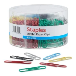 Clips & Fasteners|Staples Jumbo Paper Clips, Assorted Colors, 500 Clips/Pack (ST40653/40653)