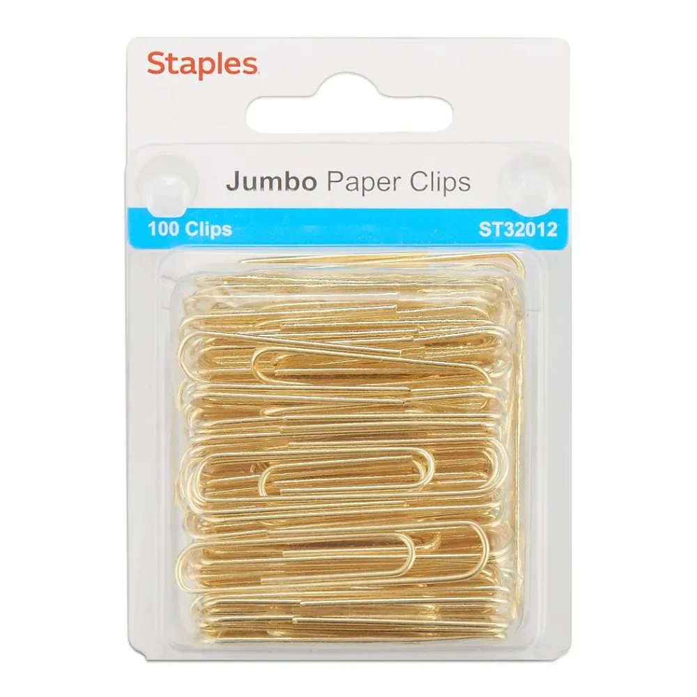Clips & Fasteners|Staples Jumbo Paper Clips, Gold, 100/Pack (32012)