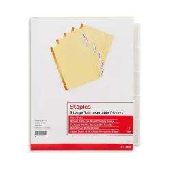 Dividers|Staples Large Tab Insertable Paper Dividers, Clear 5 Tab, Buff (13486/11110)