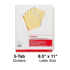 Dividers|Staples Large Tab Insertable Paper Dividers, Clear 5 Tab, Buff (13486/11110)