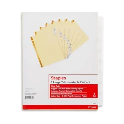 Dividers|Staples Large Tab Insertable Paper Divider, 8 Tabs, Buff with Clear Tabs, 1 Set (18934/11112)