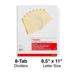 Dividers|Staples Large Tab Insertable Paper Divider, 8 Tabs, Buff with Clear Tabs, 1 Set (18934/11112)