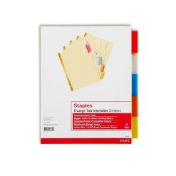 Dividers|Staples Large Tab Insertable Dividers, 5-Tab, Assorted Colors, 4/Pack (13515/14481)