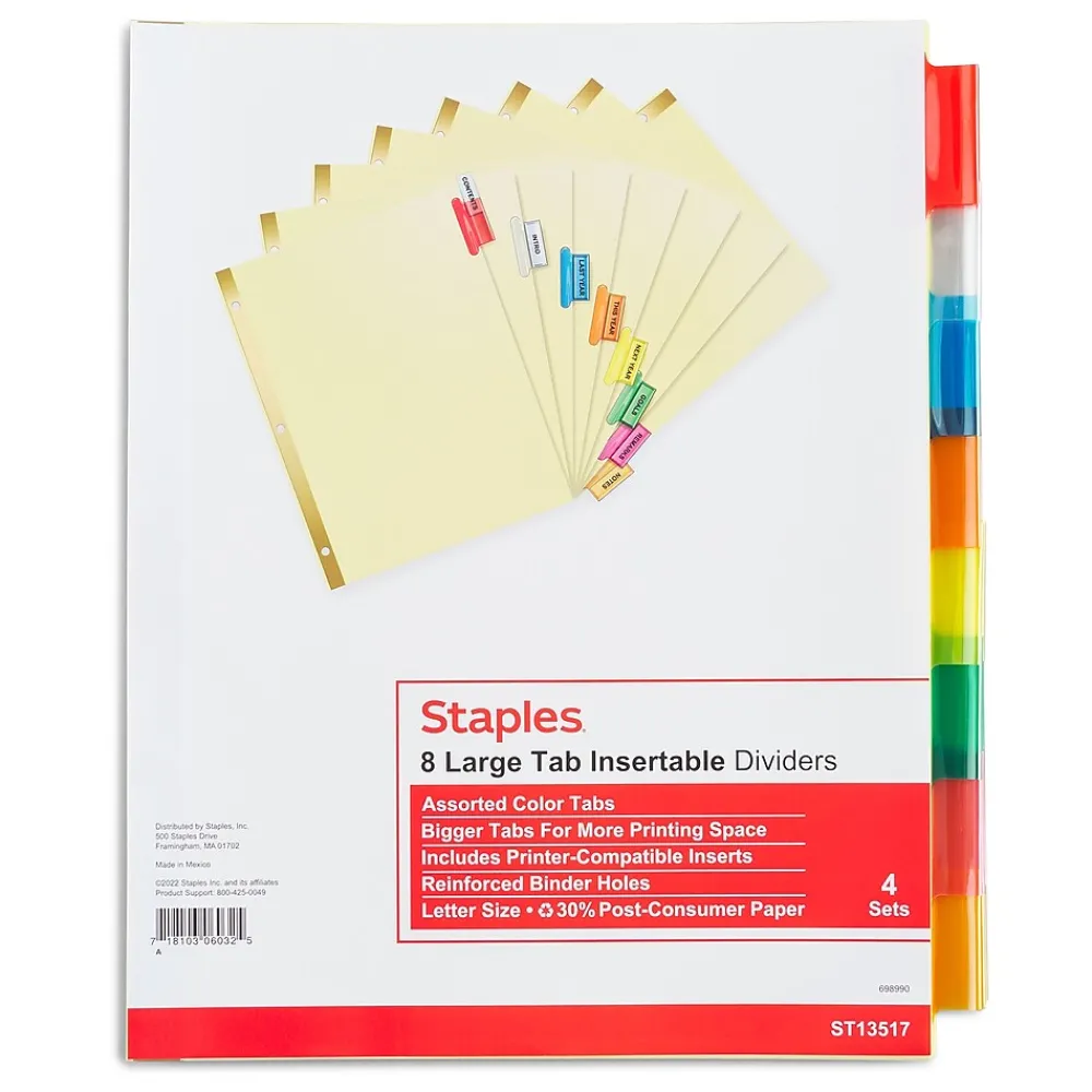 Dividers|Staples Large Tab Insertable Paper Divider, 8 Tabs, Buff with Assorted-Color Tabs, 4 Sets (13517/14483)