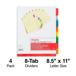 Dividers|Staples Large Tab Insertable Paper Divider, 8 Tabs, Buff with Assorted-Color Tabs, 4 Sets (13517/14483)