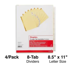 Dividers|Staples Large Tab Insertable Paper Divider, 8 Tabs, Buff with Clear Tabs, 4 Sets (13516/14482)