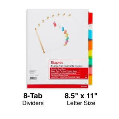 Dividers|Staples Large Tab Insertable Dividers, 8-Tab, Assorted Colors (13492/11123)