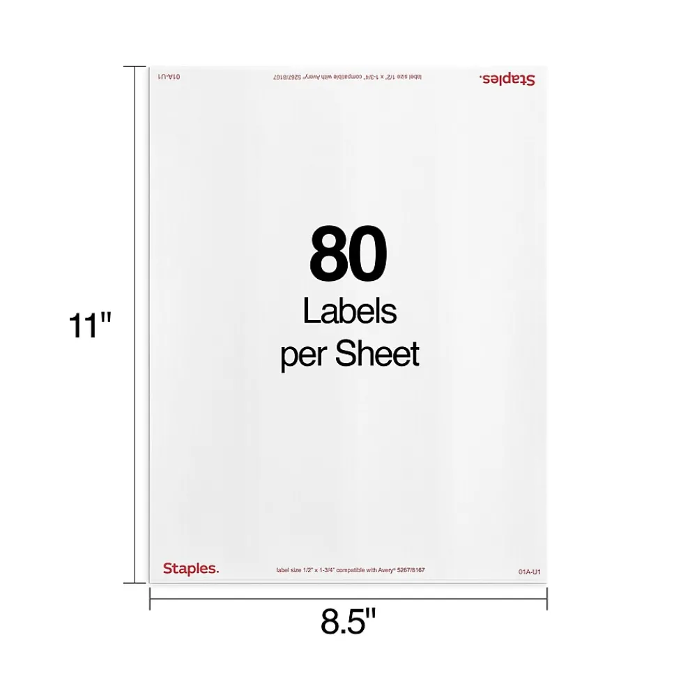 Outlet Staples Laser/Inkjet Address Labels, 1/2" x 1 3/4", White, 80 Labels/Sheet, 25 Sheets/Pack, 2000 Labels/Box (ST18053-CC)