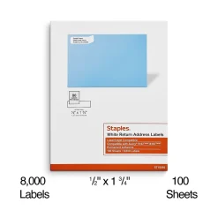 Best Staples Laser/Inkjet Address Labels, 1/2" x 1 3/4", White, 80 Labels/Sheet, 100 Sheets/Pack, 8000 Labels/Box (18056/SIWO090)