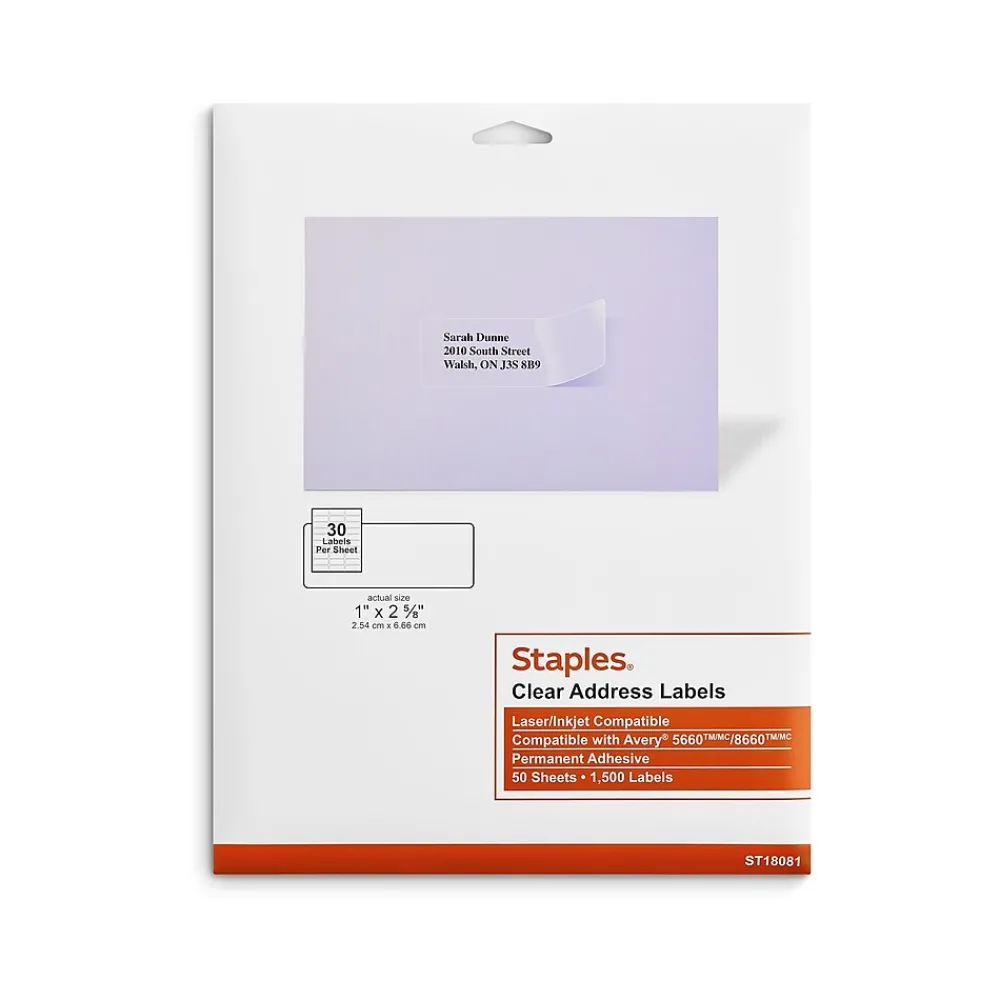 Clearance Staples Laser/Inkjet Address Labels, 1 X 2 5/8", Clear, 30 Labels/Sheet, 50 Sheets/Pack, 1500/Box (ST18081-CC)