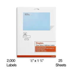 Best Staples Laser/Inkjet Address Labels, 1/2" x 1 3/4", Clear, 80 Labels/Sheet, 25 Sheets/Pack, 2000 Labels/Box (18087/SCNJ090)