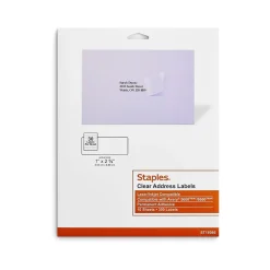 Labels|Staples Laser/Inkjet Address Labels, 1" x 2 5/8", Clear, 30 Labels/Sheet, 10 Sheets/Pack, 300 Labels/Box (18086)
