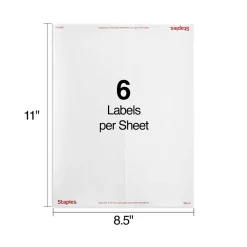 Labels|Staples Laser/Inkjet Shipping Labels, 3-1/3" x 4", White, 6 Labels/Sheet, 100 Sheets/Pack (ST18061-CC)
