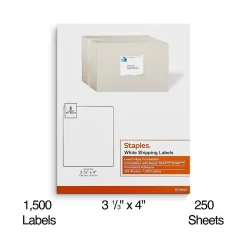 New Staples Laser/Inkjet Shipping Labels, 3 1/3" x 4", White, 6 Labels/Sheet, 250 Sheets/Pack, 1500 Labels/Box (18067)