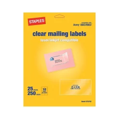 Online Staples Laser/Inkjet Shipping Labels, 2" x 4", Clear, 10 Labels/Sheet, 25 Sheets/Pack, 250 Labels/Box (18089/SCNJ130)
