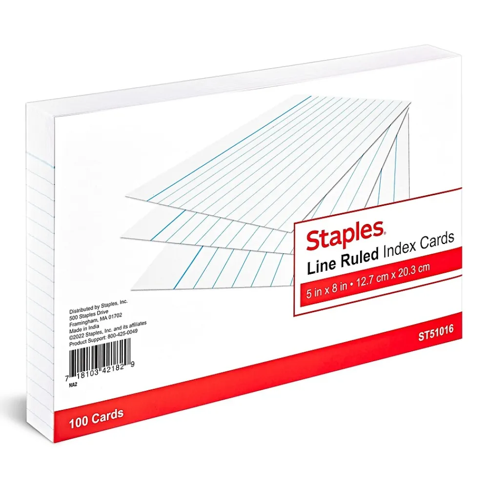 Index Cards*Staples ® Lined Index Cards, 5" x 8", White, 100 Cards/Pack (ST51016-CC)