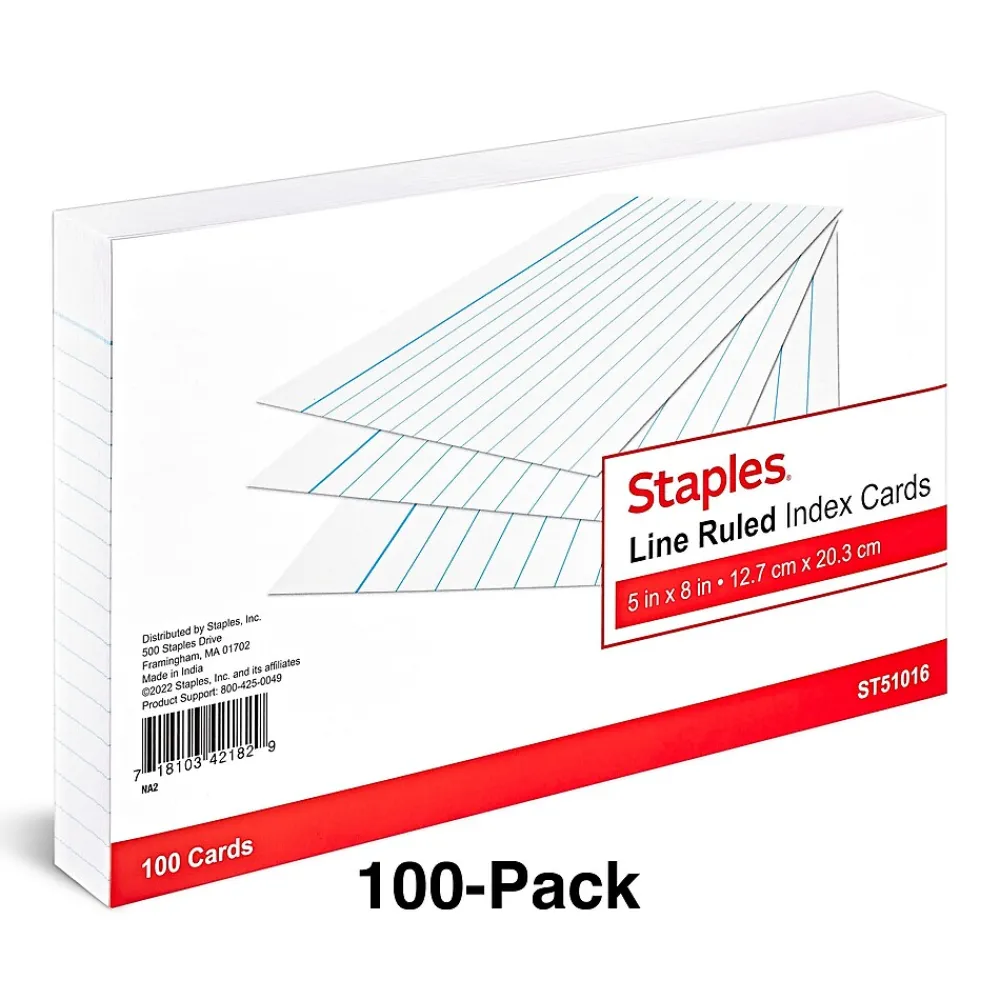 Index Cards*Staples ® Lined Index Cards, 5" x 8", White, 100 Cards/Pack (ST51016-CC)