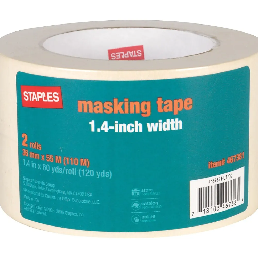 Online Staples Masking Tape, 1.4"W x 60 yrds, Natural, 2 Roll/Pk (467381)