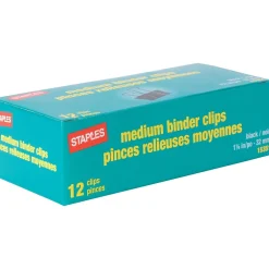 Clips & Fasteners|Staples Medium Binder Clips, 0.63" Capacity, Black, 12 Clips/Pack (15351)