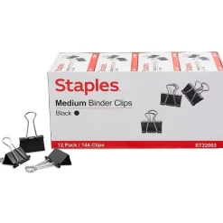 Clips & Fasteners|Staples Medium Binder Clips, 0.63" Capacity, Black, 144 Clips/Pack (ST32003/32003)