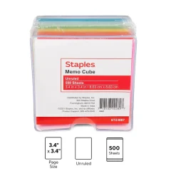 Notepads|Staples Memo Cube Memo Pad, 3.4" x 3.4", Unruled, Assorted Colors, 500 Sheets/Pad (23887)