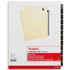 Dividers|Staples Monthly Pre-Printed Monthly Paper Divider, Jan-Dec, Buff with Black Tabs, 1 Set (13551/11484)