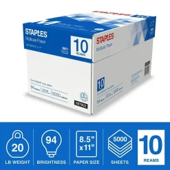 Copy Paper*Staples Multiuse Copy Paper, 8.5" x 11", 20 lbs., 94 Brightness, 500 Sheets/Ream, 10 Reams/Carton (20472)