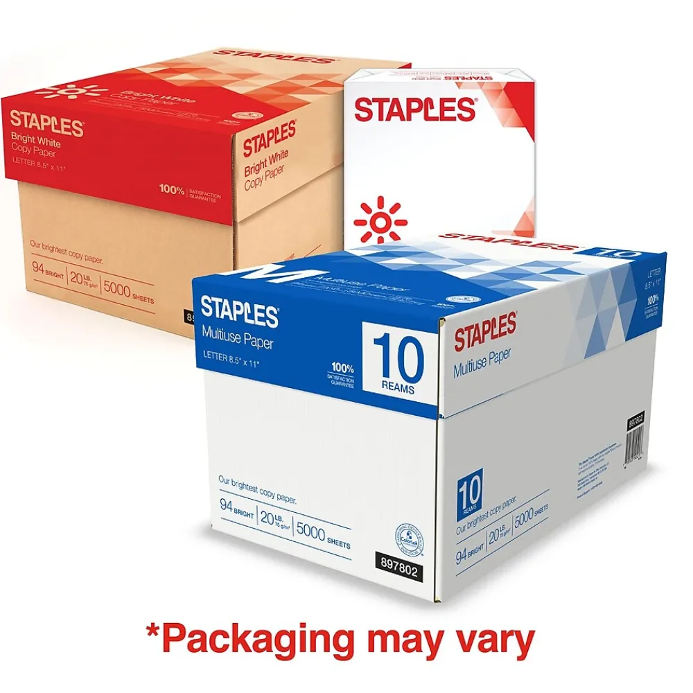 Copy Paper*Staples Multiuse Copy Paper, 8.5" x 11", 20 lbs., 94 Brightness, 500 Sheets/Ream, 10 Reams/Carton (20472)