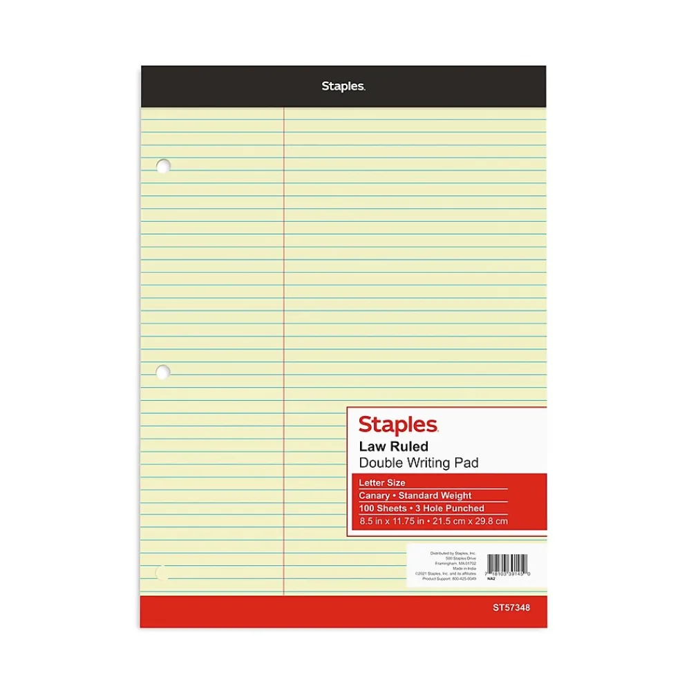 Notepads|Staples Notepad, 8.5" x 11.75", Law Ruled, Canary, 100 Sheets/Pad, Each (ST57348)