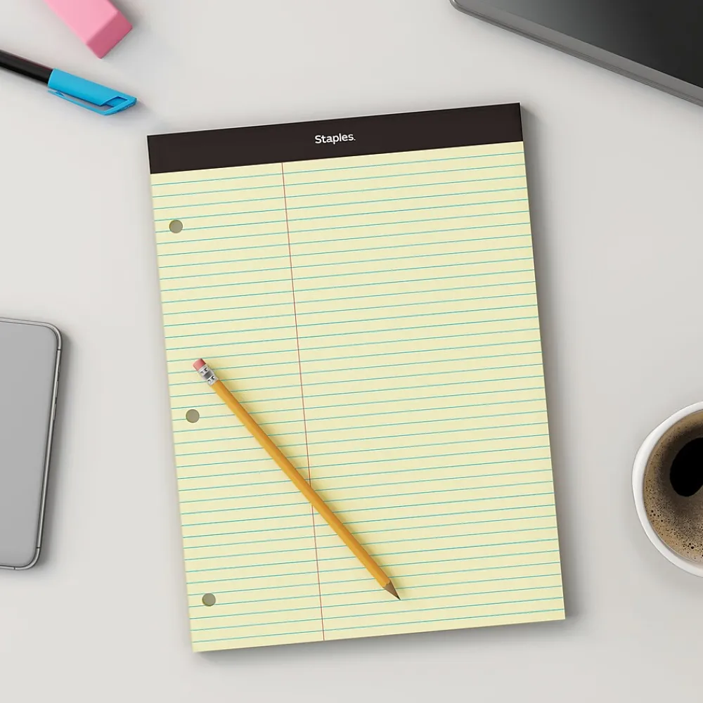 Notepads|Staples Notepad, 8.5" x 11.75", Law Ruled, Canary, 100 Sheets/Pad, Each (ST57348)