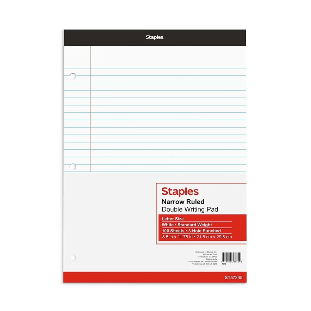 Notepads|Staples Notepad, 8.5" x 11.75", Narrow Ruled, , 100 Sheets/Pad (ST57345/TR57345) White