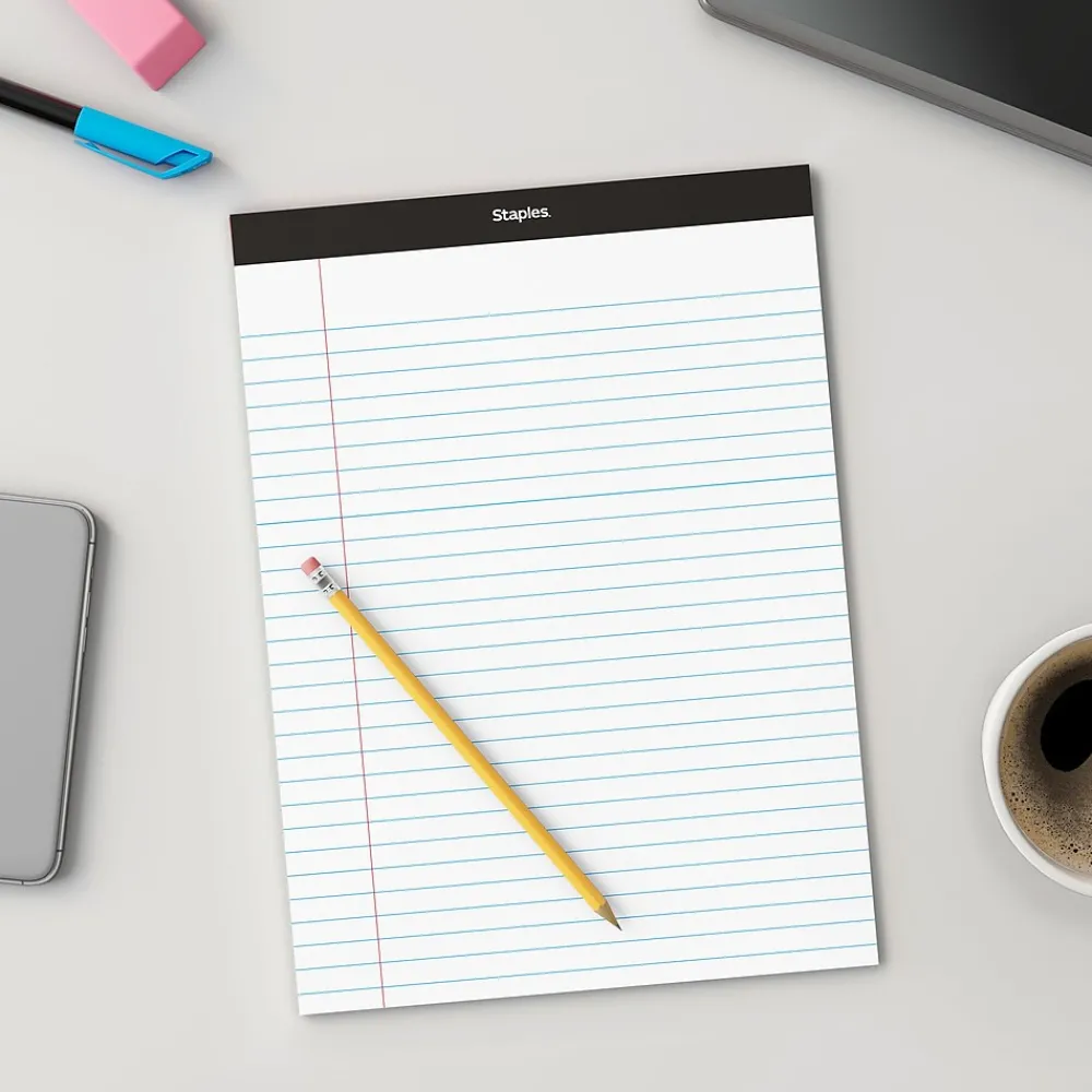 Notepads|Staples Notepad, 8.5" x 11.75", Wide Ruled, White, 50 Sheets/Pad, 72 Pads/Pack (23643CT)