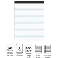 Notepads|Staples Notepad, 8.5" x 11.75", Wide, White, 50 Sheets/Pad (20499)