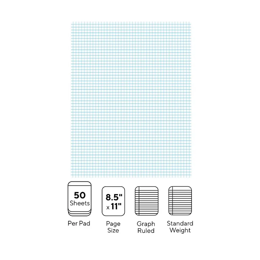 Notepads|Staples ® Notepads, 8.5" x 11", Graph Ruled, White, 50 Sheets/Pad, 6 Pads/Pack (ST57332)