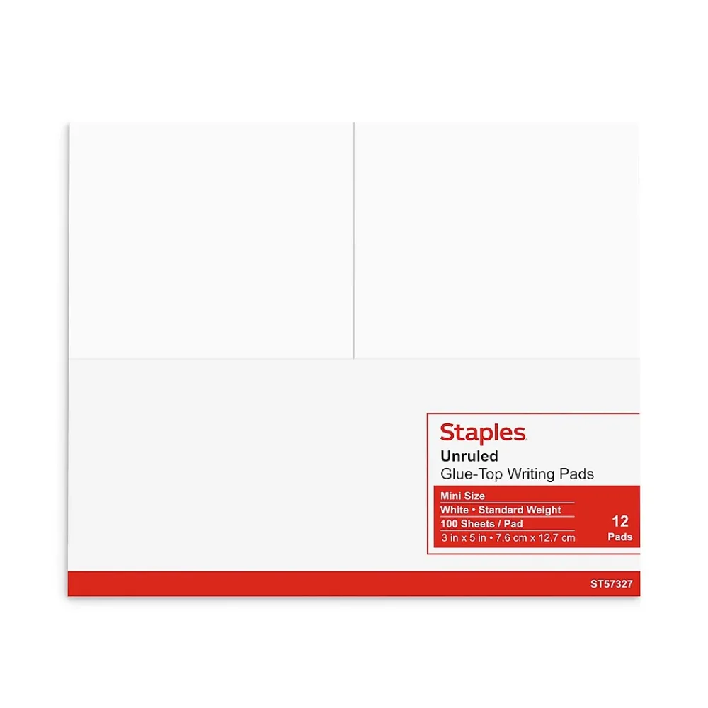 Notepads|Staples Notepads, 3" x 5", Unruled, White, 100 Sheets/Pad, Dozen Pads/Pack (ST57337)