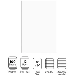 Notepads|Staples Notepads, 4" x 6", Unruled, White, 100 Sheets/Pad, Dozen Pads/Pack (ST57328)
