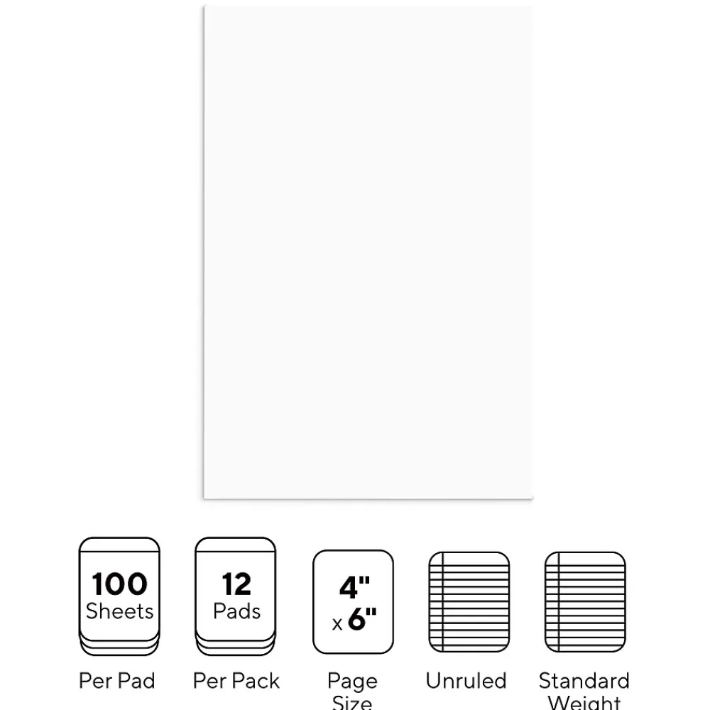 Notepads|Staples Notepads, 4" x 6", Unruled, White, 100 Sheets/Pad, Dozen Pads/Pack (ST57328)