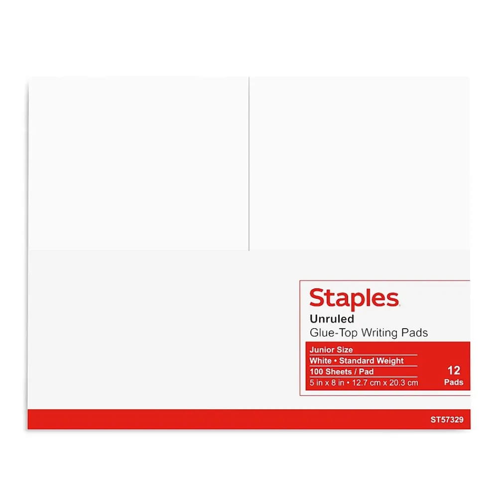 Notepads|Staples Notepads, 5" x 8", Unruled, White, 100 Sheets/Pad, Dozen Pads/Pack (ST57329)