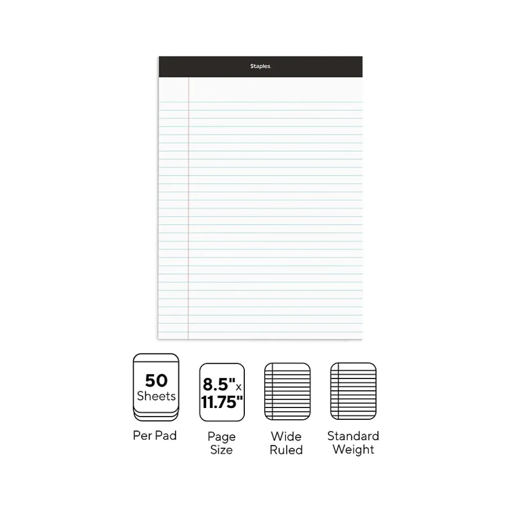 Notepads|Staples Notepads, 8.5" x 11.75", Wide Ruled, White, 50 Sheets/Pad, Dozen (ST57339M/57339)