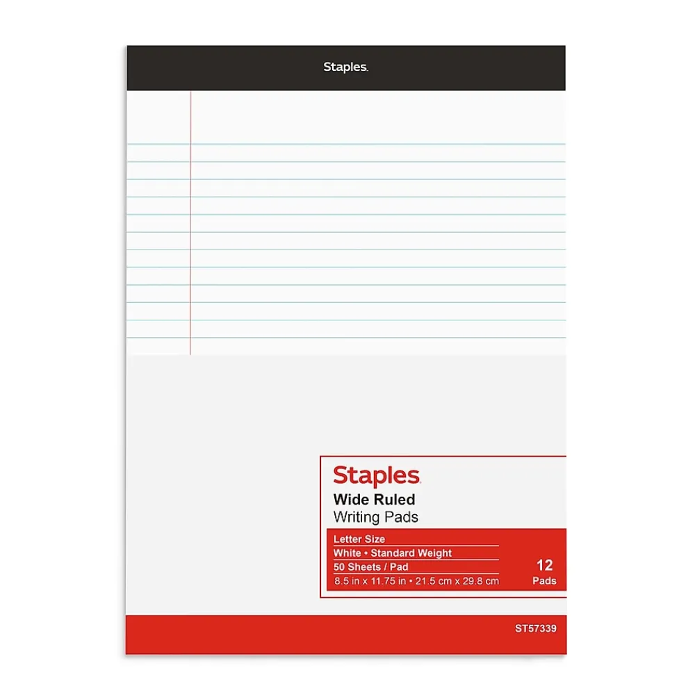 Notepads|Staples Notepads, 8.5" x 11.75", Wide Ruled, White, 50 Sheets/Pad, Dozen (ST57339M/57339)