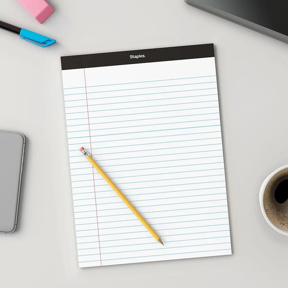 Notepads|Staples Notepads, 8.5" x 11.75", Wide Ruled, White, 50 Sheets/Pad, Dozen (ST57339M/57339)