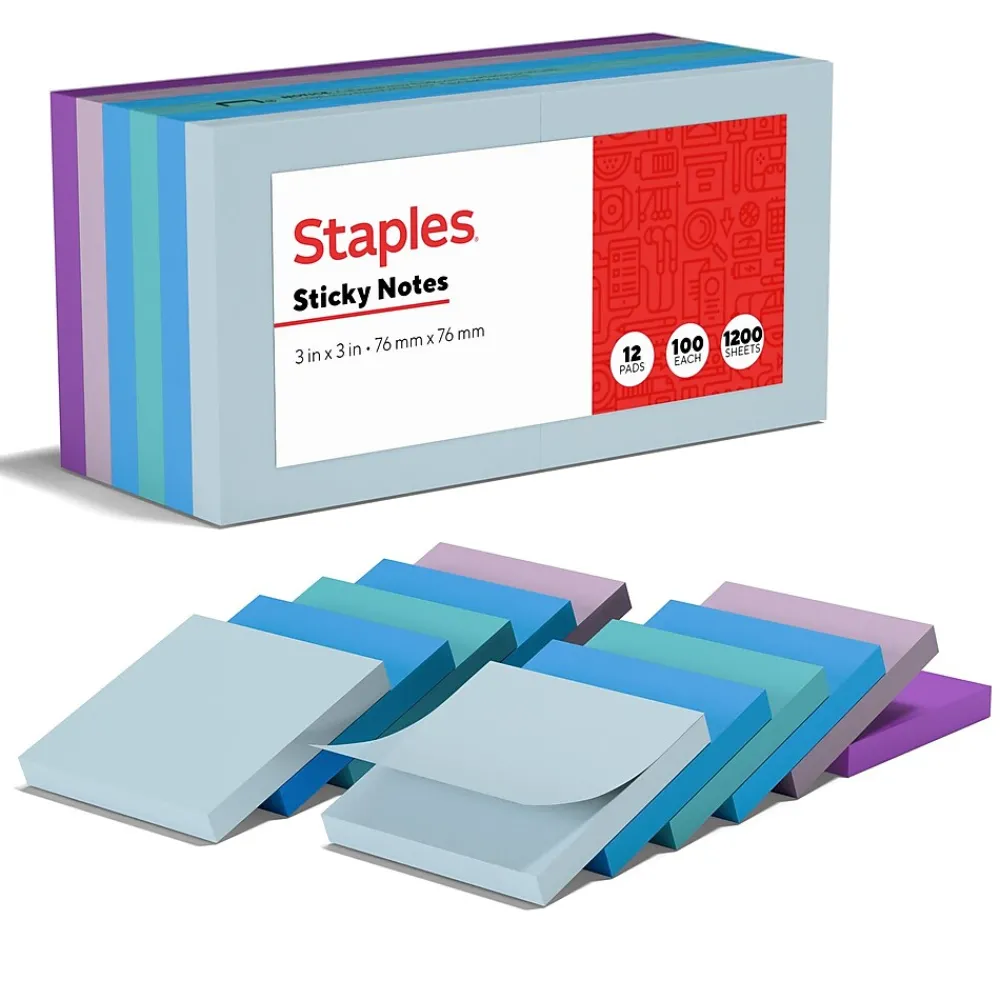 Sticky Notes*Staples Notes, 3" x 3", Marina Collection, 100 Sheet/Pad, 12 Pads/Pack (19758-US)