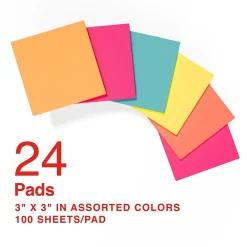 Sticky Notes*Staples Notes, 3" x 3", Pool Party Collection, 100 Sheet/Pad, 24 Pads/Pack (S-33BR24)