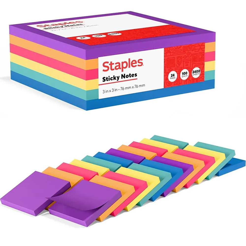 Sticky Notes*Staples Notes, 3" x 3", Sorbet Collection, 100 Sheet/Pad, 24 Pads/Pack (S-33BO24)