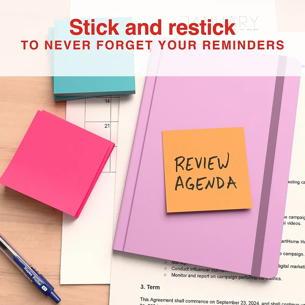 Sticky Notes*Staples Notes, 3" x 3", Sorbet Collection, 100 Sheet/Pad, 24 Pads/Pack (S-33BO24)