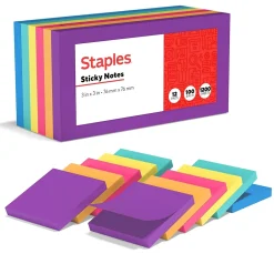 Sticky Notes*Staples Notes, 3" x 3", Sorbet Collection, 100 Sheet/Pad, 12 Pads/Pack (S-33BO12/52566)